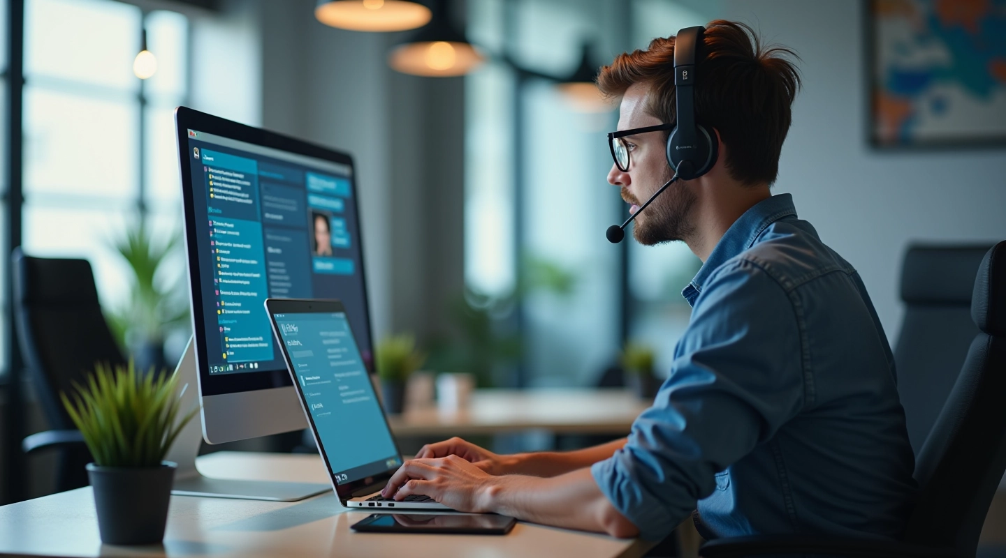 Person at computer desk with chatbot interface displayed on screen showing customer conversation