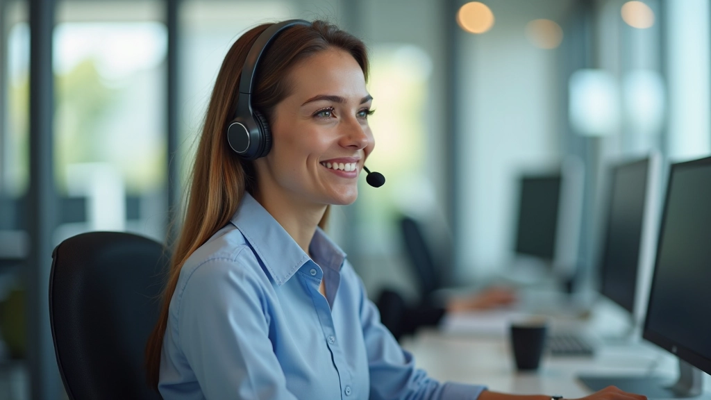Customer service representative speaking with customer through headset at modern support desk